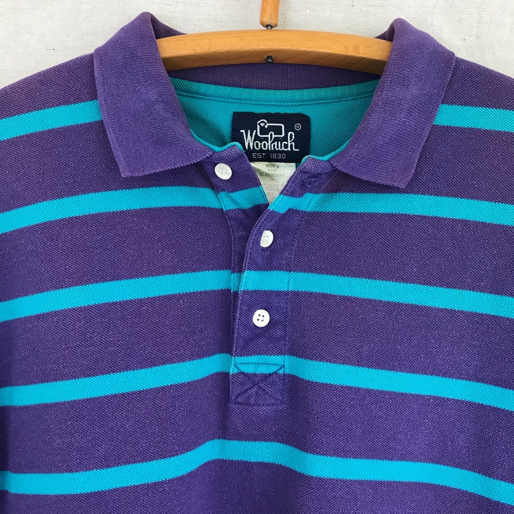 Woolrich 90’s Striped Polo Shirt Purple‎ Aqua Cotton Pique Short Sleeve